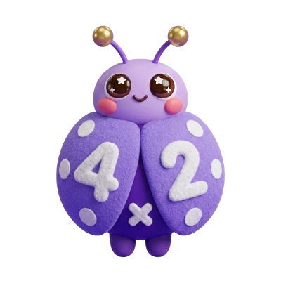 Multiplication Bug mascot — a friendly purple ladybug with numbers on its wings